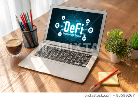 Decentralized finance or DeFi concept on modish computer screen 93599267
