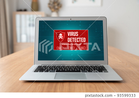 Virus warning alert on computer screen detected modish cyber threat 93599333