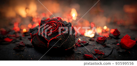 Heartbroken concept by half burnt rose and ashes. Digital art 3D illustration. 93599556