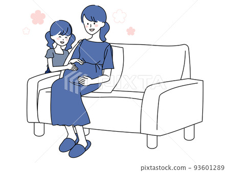 A smiling pregnant woman and a daughter stroking her stomach 93601289