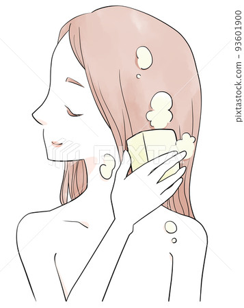 Woman washing her hair long solid soap shampoo (yellow) (watercolor style) 93601900