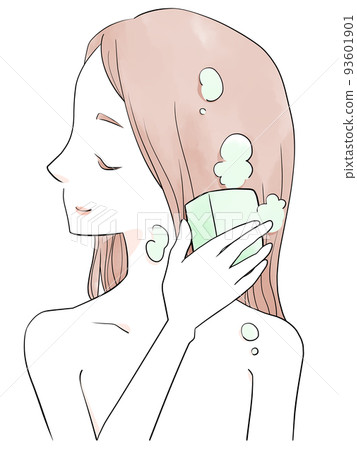 Woman washing her hair long solid soap shampoo (green) (watercolor style) Woman washing her hair long solid soap shampoo (green) (watercolor style) 93601901