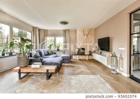 Couches and table located near TV against dining area of spacious room in contemporary apartment Couches and table located near TV against dining area of spacious room in contemporary apartment 93602074