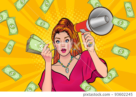 surprise shocking successful business woman holding megaphone and Falling Money say WOW OMG Pop art retro comic style 93602245