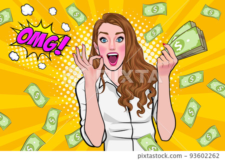 surprise business woman successful and shocking with Falling Money say WOW OMG Pop art retro comic style 93602262