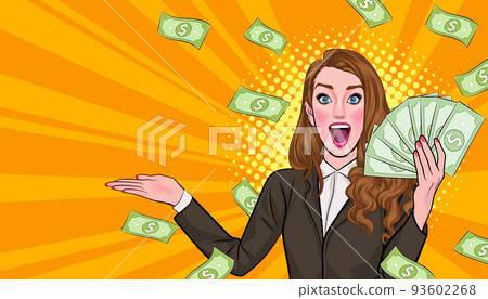 surprise business woman successful and shocking with Falling Money say WOW OMG Pop art retro comic style 93602268