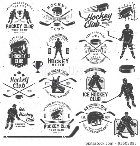 Ice Hockey club logo, badge design. Concept for shirt or logo, print, stamp or tee. Winter sport. Vintage typography design with player, sticker, puck helmet and skates silhouette. Vector. Ice Hockey club logo, badge design. Concept for shirt or logo, print, stamp or tee. Winter sport. Vintage typography design with player, sticker, puck helmet and skates silhouette. Vector. 93605883