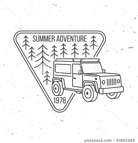 Summer adventure. Vector illustration Concept for shirt or logo, print, stamp or tee. Vintage line art typography design with off road car and forest silhouette. Camping quote. Outdoor Adventure. 93605889