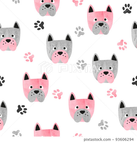 Seamless cute dog pattern. Vector background with watercolor bulldogs and paws 93606294