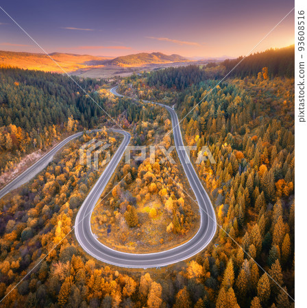 Aerial view of mountain road in colorful forest at sunset 93608516
