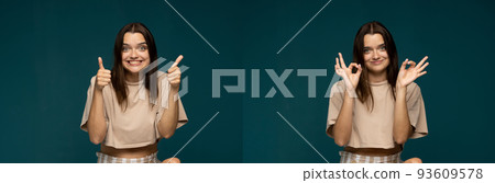 Set of two photos cheerful young happy brunette woman in a beige t-shirt showing a gestures thumb up and OK on cyan color background. Like gesture. Collage. 93609578