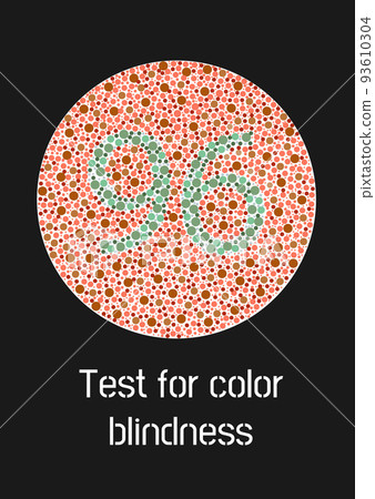 Ishihara test for color blindness. Color blind test. Green number 96 for colorblind people. Vision deficiency. Vector illustration. 93610304