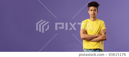 Close-up portrait of skeptical, unimpressed young man with dreads, look judgemental and uninterested, cross arms chest, go on impress me, smirk disappointed, purple background Close-up portrait of skeptical, unimpressed young man with dreads, look judgemental and uninterested, cross arms chest, go on impress me, smirk disappointed, purple background 93615176