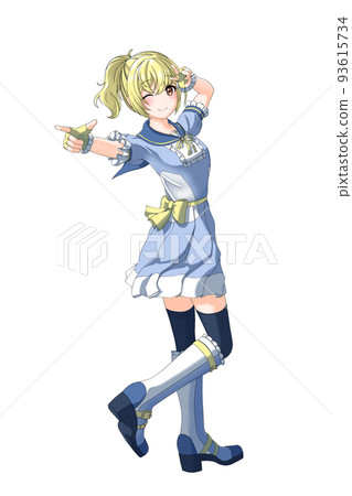 A girl with a yellow ponytail wearing a school summer uniform (blue school uniform). A girl with a yellow ponytail wearing a school summer uniform (blue school uniform). 93615734