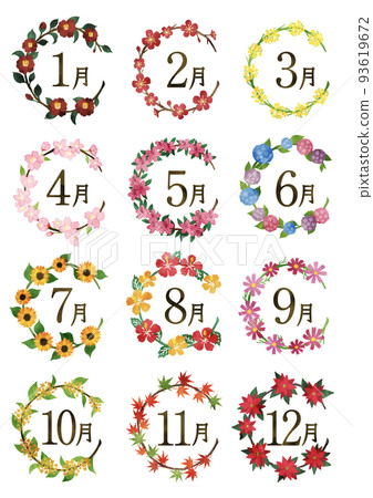 12 個月的時令花卉和月份名稱 93619672