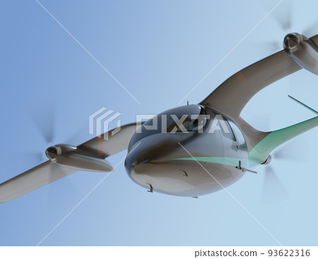 An image of an eVTOL vertical take-off and landing vehicle in flight. flying car concept 93622316