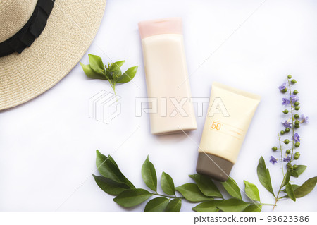 sunscreen spf50, body lotion, hat health care of lifestyle woman sunscreen spf50, body lotion, hat health care of lifestyle woman 93623386