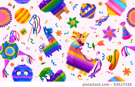Mexican pinata pattern. Birthday donkey toy with bright confetti, sombrero and ribbons. greeting background for spanish party. Decor textile, wrapping paper, wallpaper design. seamless texture 93625588