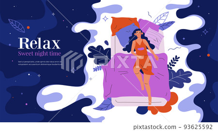 Woman sleep on mattress. Young girl in relax position, sweet night time, comfort and healthy advert layout. Landing page template. Cartoon flat style isolated concept. Vector isolated illustration 93625592