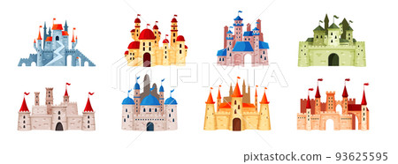 Castle tower set, old medieval palace. Game flag in fort gate, historic magic stone, ancient architecture. Princess and prince buildings. Vector cartoon flat illustration isolated on white background Castle tower set, old medieval palace. Game flag in fort gate, historic magic stone, ancient architecture. Princess and prince buildings. Vector cartoon flat illustration isolated on white background 93625595