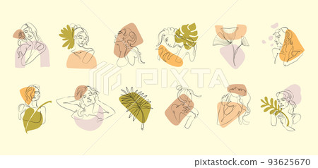 Woman line face. Beauty drawing. Abstract paper art shape. Cubism style. Minimal female portraits set. Plant brunch. Palm leaves. Color spots. Lady heads and hairstyles. Vector minimalist illustration Woman line face. Beauty drawing. Abstract paper art shape. Cubism style. Minimal female portraits set. Plant brunch. Palm leaves. Color spots. Lady heads and hairstyles. Vector minimalist illustration 93625670