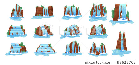Cascade waterfall. Island jungle hill. Lake line. Water fall in river. Mountain rock. Coastal cliff. Aquatic flood. Landscape scenic elements set. Aqua stream. Wild nature. Vector cartoon illustration 93625703