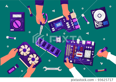 Computer parts. Hands repair PC. Electronic hardware. Motherboard with microchips. PCB store. Chip board circuit. Device recovery. Workshop service. People arms on table top view. Vector illustration Computer parts. Hands repair PC. Electronic hardware. Motherboard with microchips. PCB store. Chip board circuit. Device recovery. Workshop service. People arms on table top view. Vector illustration 93625717