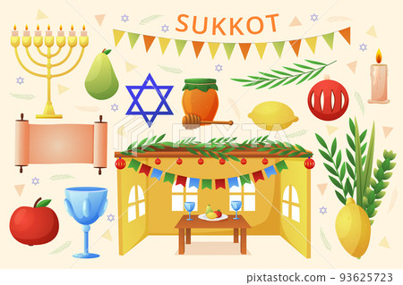 Sukkot religious holiday. Israel Jewish celebration. Traditional sukkah and candlestick. Citron or Etrog. Four happy species. Sukot feast card. Festive attributes. Star icon. illustration set Sukkot religious holiday. Israel Jewish celebration. Traditional sukkah and candlestick. Citron or Etrog. Four happy species. Sukot feast card. Festive attributes. Star icon. illustration set 93625723