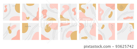 Abstract shape background, doodle pattern geometric minimal collection. Bright cartoon graphic round organic forms and spirals grid. Pastel colors. Social media post template. Vector simple design set 93625742