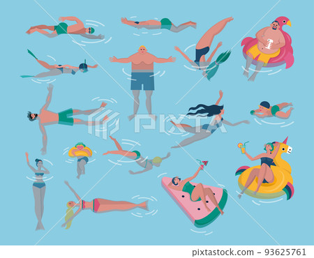 People in swimming pool. Happy swimmers diving or lying on inflatable mattresses. Women characters in water. Kid persons fun. Active man floating in aqua. Summer vacation. Vector cartoon illustration 93625761