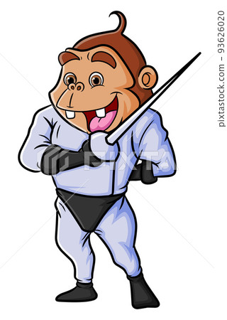 The chimpanzee is playing the fencing and showing the sword  93626020