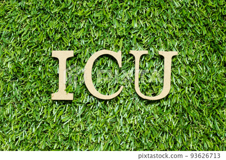 Wood alphabet letter in word ICU (abbreviation of intensive care unit) on green grass background 93626713
