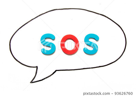 Alphabet letter with word SOS (abbreviation of save our soul/ship or sibling over shoulder) in black line hand drawing as bubble speech on white board background 93626760