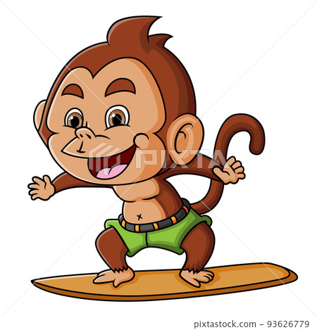 The happy monkey is playing a surfboard on the beach The happy monkey is playing a surfboard on the beach 93626779