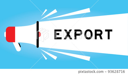 Color megaphone icon with word export in white banner on blue background Color megaphone icon with word export in white banner on blue background 93628716