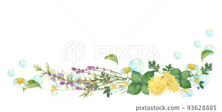 水彩畫的香草花束和肥皂泡裝飾 水彩畫的香草花束和肥皂泡裝飾 93628885