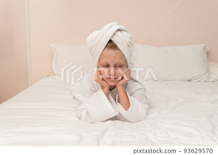 Elbows smile bathrobe coffee copyspace Creek bed girl cute morning, from people hotel in young from caucasian gown, little bathing. Care health fashion, comfort 93629570