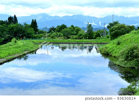The blue sky reflected in the pond and the Japanese Alps in the distance The blue sky reflected in the pond and the Japanese Alps in the distance 93630814