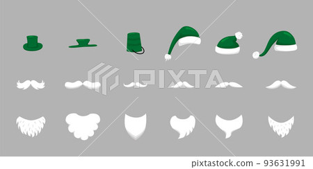 Christmas Santa hats, moustache, beard set for photo prop box. Vector stock illustration isolated on background for photo booth winter holiday industry. EPS10 93631991