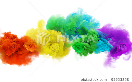 Rainbow color puffs of smoke in white background Rainbow color puffs of smoke in white background 93633268