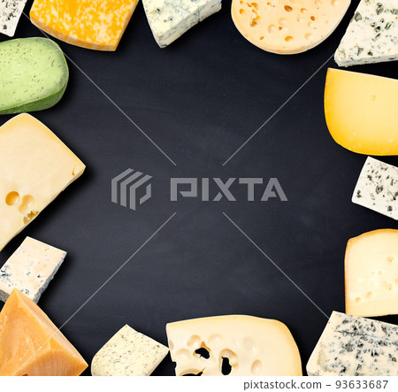 Various types of cheese on a black Various types of cheese on a black 93633687