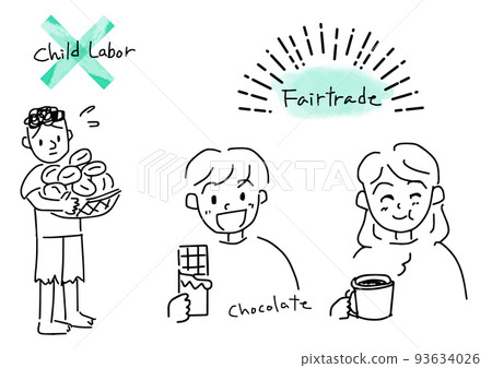 可可行業童工的插圖和一個微笑的孩子吃巧克力 可可行業童工的插圖和一個微笑的孩子吃巧克力 93634026