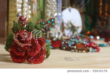 Vintage Rhinestone Rose Bracelet With Jewelry Box in Background 93634176