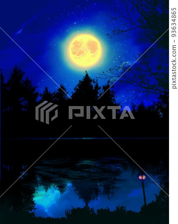 A fantastic background illustration of a night view of a mysterious deep forest and a shining full moon reflected in the lake A fantastic background illustration of a night view of a mysterious deep forest and a shining full moon reflected in the lake 93634865
