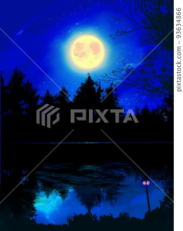 夢幻般的背景插圖，描繪了神秘深林的夜景和湖中反射的閃亮滿月 93634866