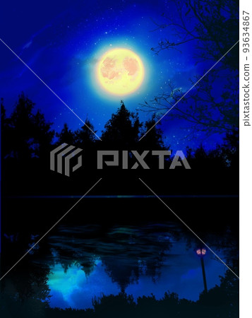 夢幻般的背景插圖，描繪了神秘深林的夜景和湖中反射的閃亮滿月 93634867