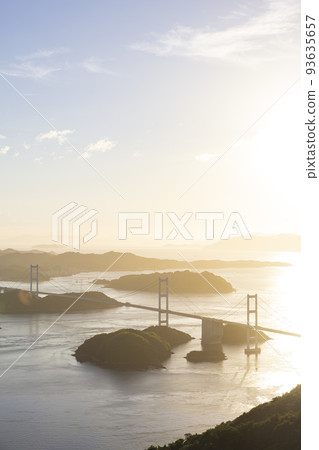 Shimanami Kaido and Kurushima Kaikyo Bridge at sunset seen from Kirosan Observatory Park in Oshima, Seto Inland Sea, Ehime Prefecture Shimanami Kaido and Kurushima Kaikyo Bridge at sunset seen from Kirosan Observatory Park in Oshima, Seto Inland Sea, Ehime Prefecture 93635657