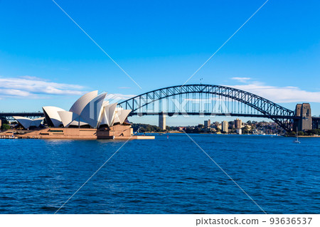 The scenery around the Opera House and the Harbor Bridge and the clear blue sky seen in Sydney, Australia in the morning The scenery around the Opera House and the Harbor Bridge and the clear blue sky seen in Sydney, Australia in the morning 93636537
