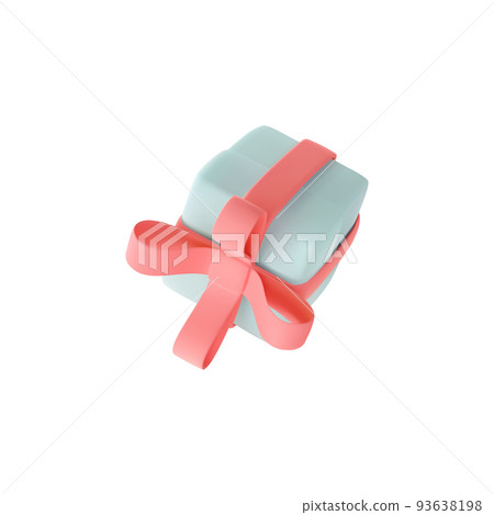 Cute pastel gift box. 3D render holiday surprise box. Flying blue box with pink ribbon. Cute pastel gift box. 3D render holiday surprise box. Flying blue box with pink ribbon. 93638198