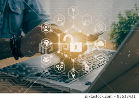 Casual Businessman Hand Touching Mobile Phone and Hexagonal Unlock Security Sign in Vintage Tone 93638431